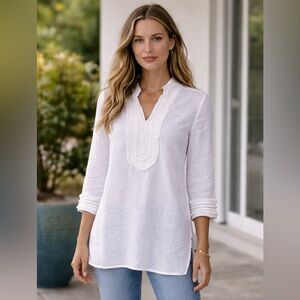Chico’s 00P White Linen Cotton Embroidered Tunic Blouse Petite